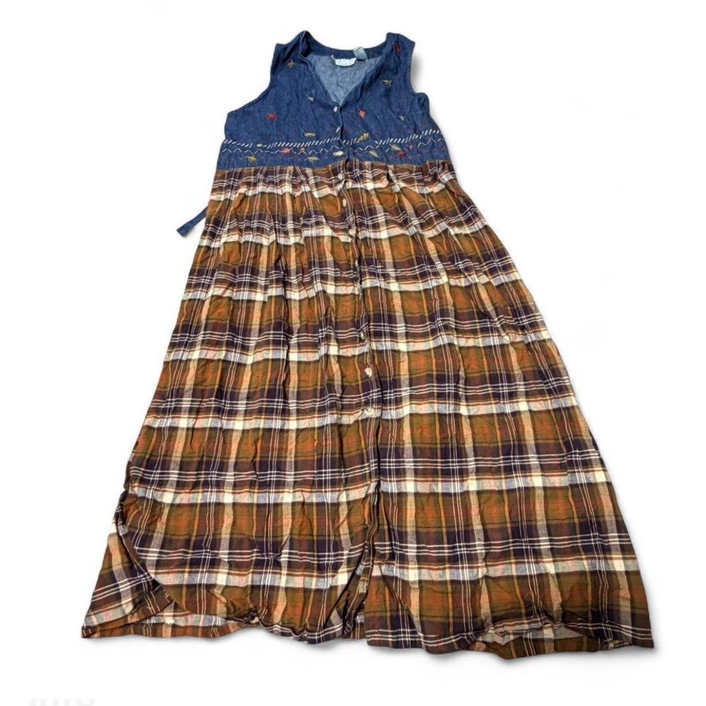 Vintage Casey & Max Denim Plaid Maxi Dress Women's M Embroidered Fall Cottagecor